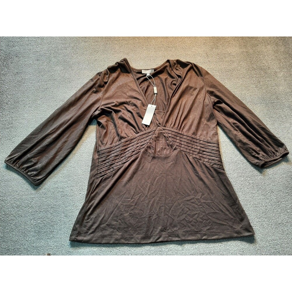 Per Una Shirt Womens Size 12 Chocolate Brown Sparkly 3/4 Sleeve NEW